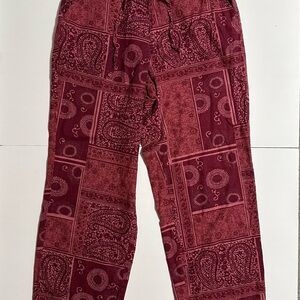 ERIKA Paisley Linen Rayon Drawstring Elastic Waist Straight Leg Pants Womens M